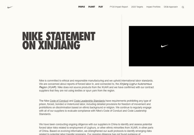 Nike señaló que no usa algodón de Xinjiang y eso generó reacciones del público chino. Foto: captura vía Twitter
