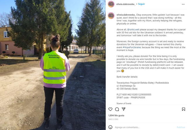 Oliwia Dąbrowska comparte la situación de los refugiados de Ucrania en Instagram. Foto: @oliwia.dabrowska_