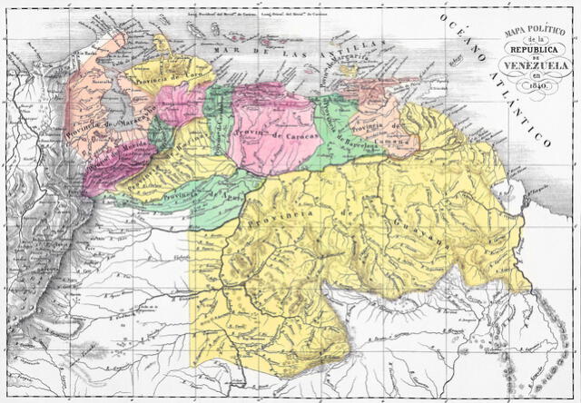 Mapa de Venezuela en 1840. El río Esequibo era considerado el límite oriental del país. Foto: Dominio público.