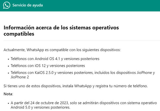  Los sistemas operativos compatibles con WhatsApp. Foto: Meta<br><br>    