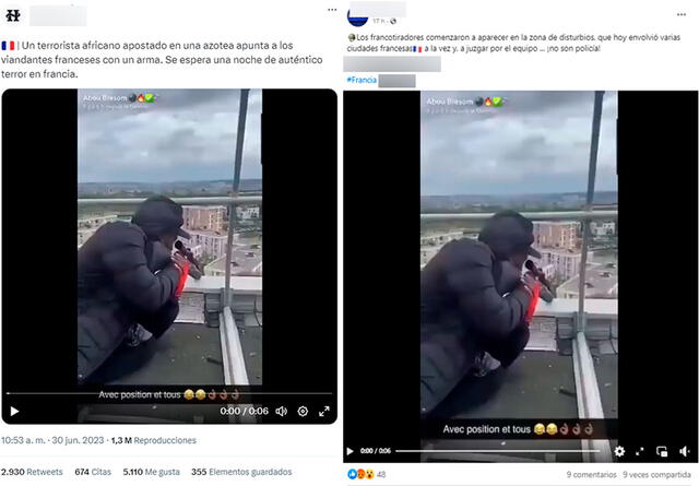  Publicaciones que asocian el video viral con las protestas en Francia que inició tras la muerte de un joven de 17 años edad. Foto: capturas en Facebook y Twitter.&nbsp;   