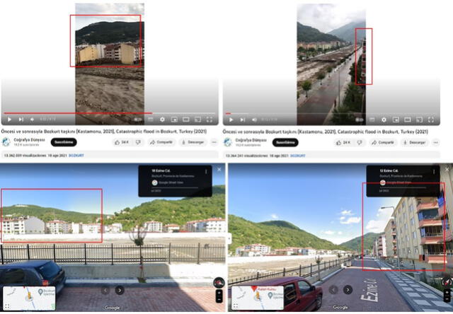  Comparación de imágenes: se observa la misma zona, con el río al medio, en Bozkurt. Foto: capturas en YouTube - Gökyüzünden Coğrafya (arriba) y Google Street View (abajo).&nbsp;    