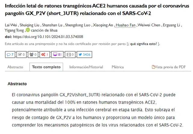 Estudio 'Infección letal de ratones transgénicos ACE2 humanos causada por el coronavirus pangolín GX_P2V (short_3UTR) relacionado con el SARS-CoV-2' . Foto: captura en web / bioRxiv.<br><br>    