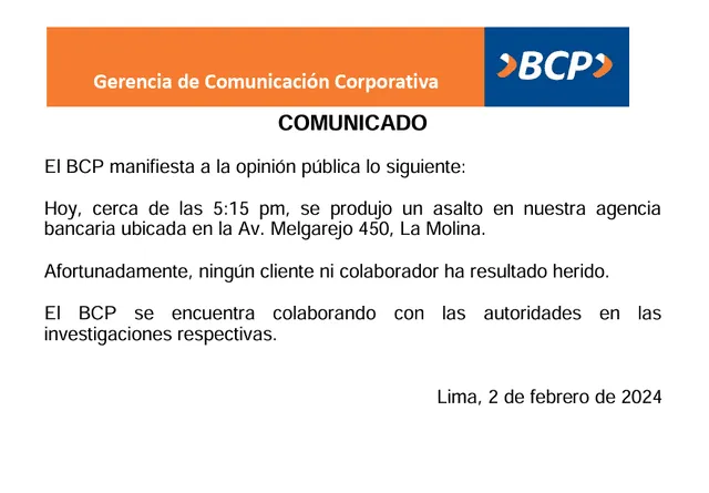 Comunicado del BCP. Foto: BCP   