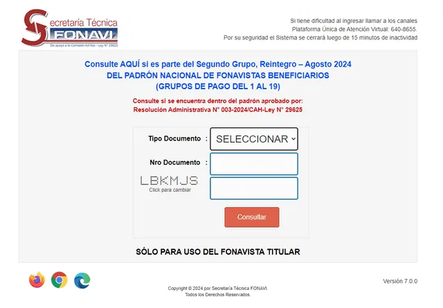 Página web para consultar los integrantes del Reintegro 2 del Fonavi. Foto: Fonavi. 