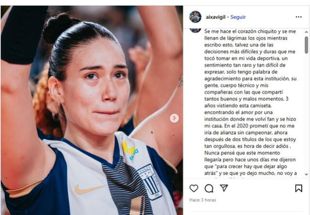 Mensaje de despedida de Aixa Vigil. Foto: captura de aixavigil/Instagram Mensaje de despedida de Aixa Vigil. Foto: captura de aixavigil/Instagram