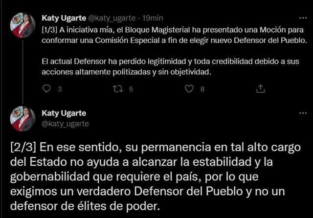 Katy Ugarte anuncia que impulsarán una comisión especial para elegir al reemplazo de Walter Gutiérrez. Foto: captura de Twitter