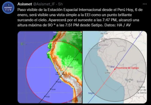 Asismet destaca que la EEI pasará sobre los cielos peruanos este jueves 6 de enero. Foto: Twitter / Asismet_IF