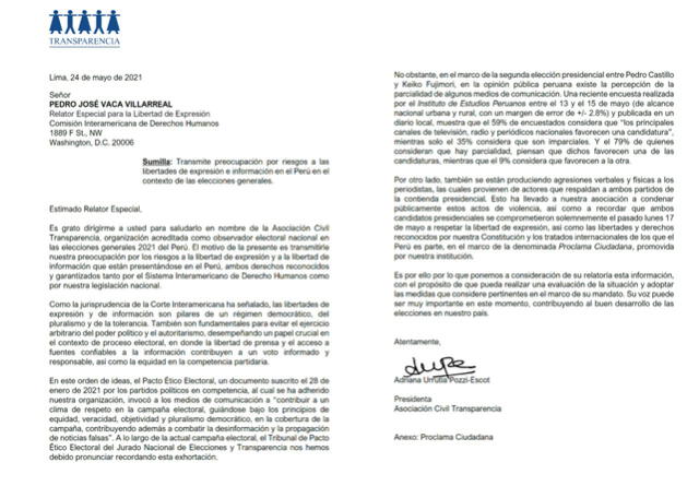 Carta enviada por Transparencia al Relator Especial para la Libertad de Expresión de la CIDH.