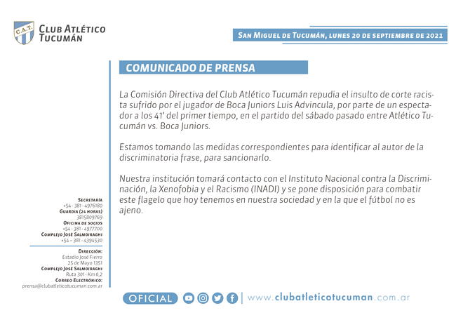 Comunicado oficial de Atlético Tucumán sobre actos de racismo contra Luis Advíncula