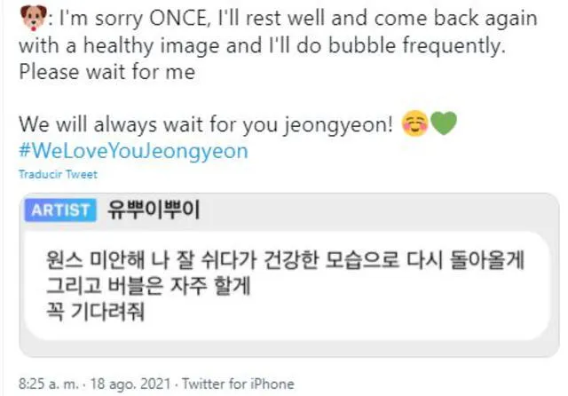 Jeongyeon y su mensaje en Bubble antes de iniciar su hiatus por salud. Foto: Twitter