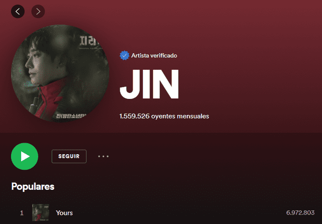 "Yours" de Jin supera los 6 millones de reproducciones. Foto: captura/Spotify