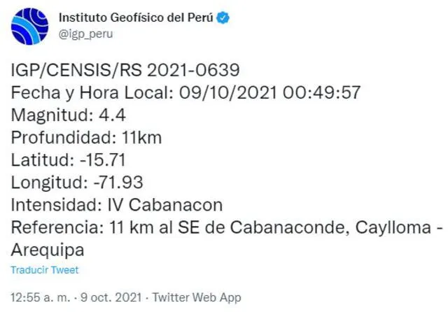 Foto: Twitter Instituto Geofísico del Perú