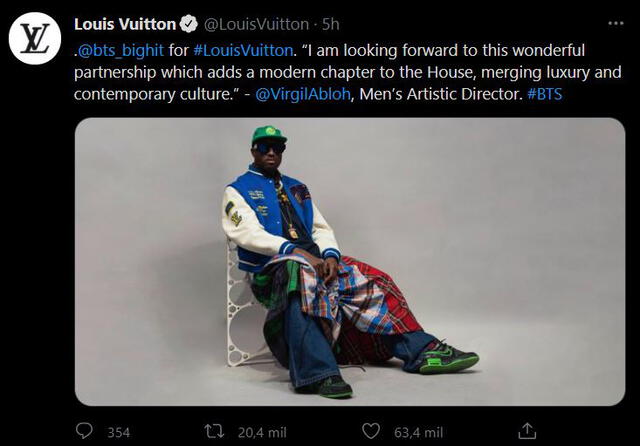 Tuit del comentario de Virgil Abloh, director artístico de la colección masculina de Louis Vuitton. Foto: captura Twitter