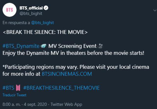 Información sobre la proyección en cines de ‘Break the silence: The movie’,película de BTS. Créditos: @bts_bighit