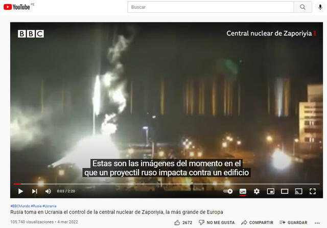 Incendio en central nuclear de Ucrania. Foto: captura en Youtube / BBC.