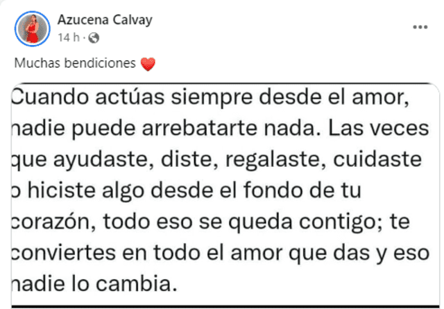  Azucena Calvay se pronuncia fuerte y claro a través de su cuenta de Facebook. Foto: Facebook/ Azucena Calvay    