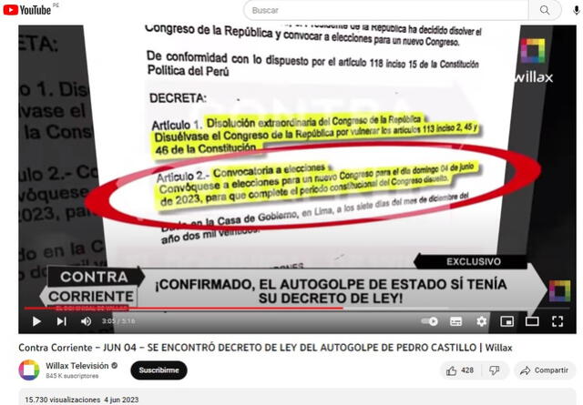  Reporte de Contracorriente titulado “Se encontró decreto de ley del autogolpe de Pedro Castillo”. Foto: captura en Youtube/Willax   
