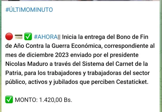  El mes pasado, el Bono de Guerra llegó el 15 de diciembre. Foto:&nbsp;Canal Patria Digital   