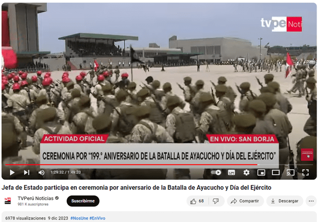  Video del 199.° aniversario de la Batalla de Ayacucho y del Día del Ejército del Perú. Foto: captura en Youtube / TV Perú.    