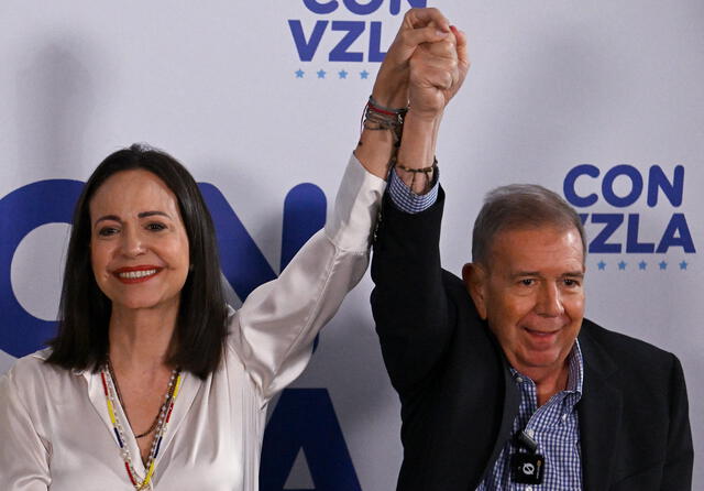  María Corina Machado anunció la victoria de Edmundo González con más del 60% de votos. Foto: AFP<br>    