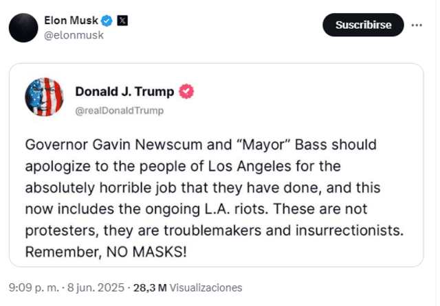 El presidente publicó un mensaje insultando al gobernador de California y Musk lo compartió. Foto: Captura X El presidente publicó un mensaje insultando al gobernador de California y Musk lo compartió. Foto: Captura X