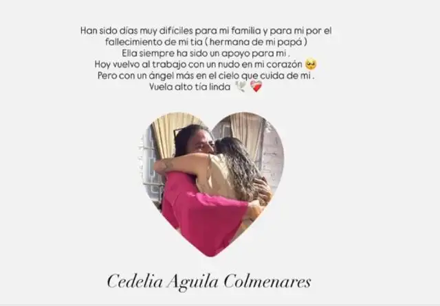 Lesly Águila comparte sensible mensaje tras fallecimiento de su tía. Lesly Águila comparte sensible mensaje tras fallecimiento de su tía.