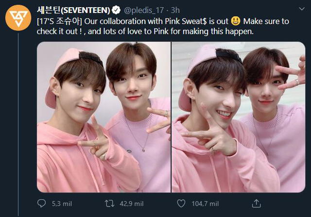 Post en Twitter de Joshua sobre su colaboración con DK y Pink Sweat$ en la canción "17". Créditos: @pledis_17