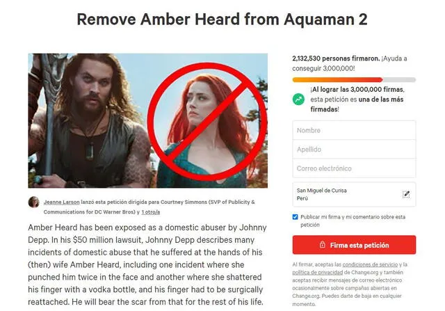 Fans no quieren que Amber Heard esté en "Aquaman 2". Foto: Chage.org