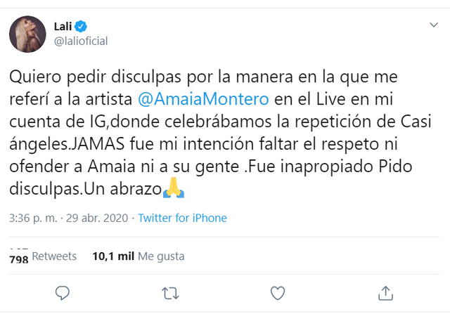 Lali Espósito pidió disculpas a la española en Twitter.