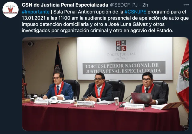 Programa audiencia de apelación de José Luna Gálvez. Foto: captura/Twitter @SEDCF_PJ