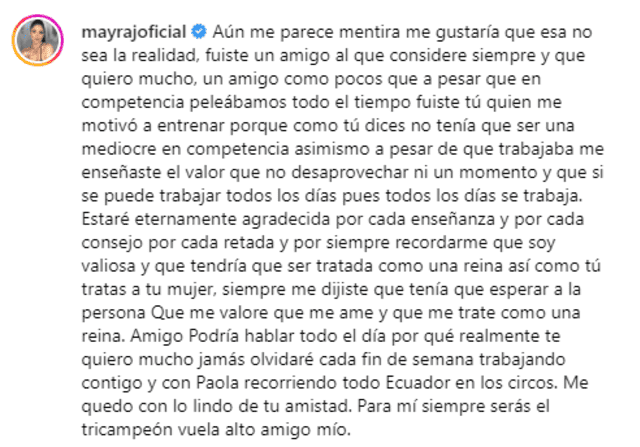 Mayra Jaime se despidió de su excompañero con un emotivo mensaje. Foto: Instagram/captura/Mayra Jaime.