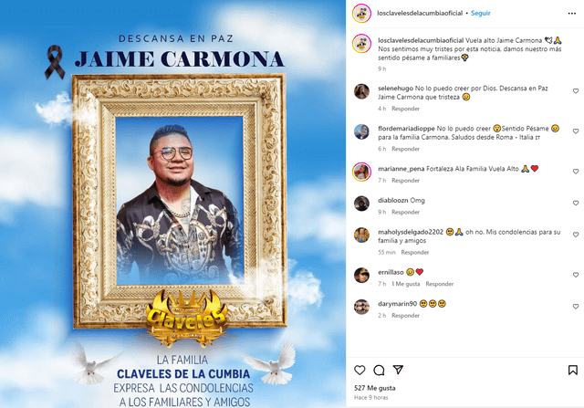 Mensaje del grupo de cumbia tras la muerte de Jaime Carmona. Foto: captura Instagram los claveles de la cumbiaoficial   