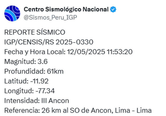 Reporte de sismo, vía IGP. Foto: X Reporte de sismo, vía IGP. Foto: X