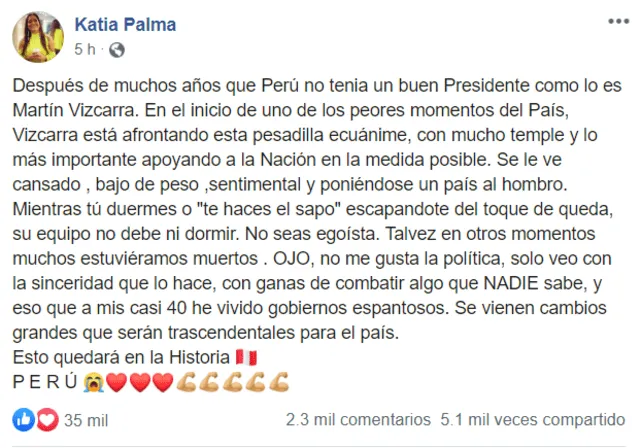 Katia Palma se pronuncia en redes sociales sobre Martín Vizcarra.