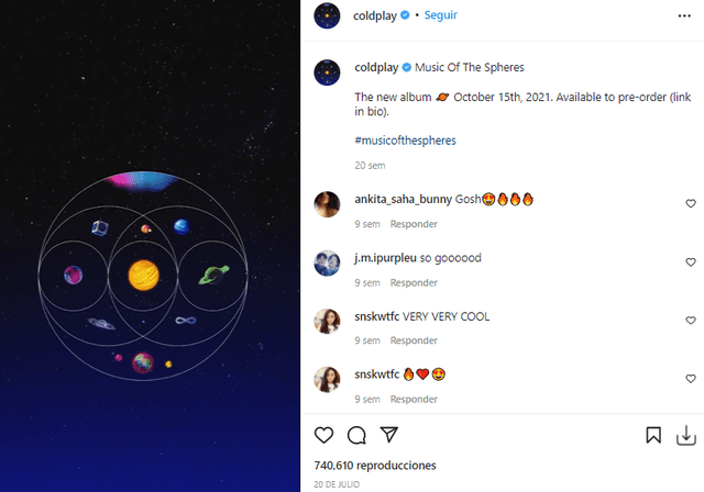 Coldplay anunció su proyecto discográfico del 2021. Foto: Coldplay/Instagram.