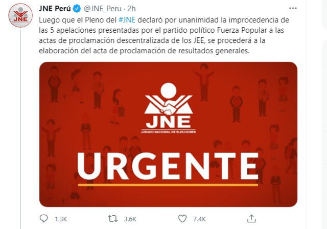 El JNE  se pronunció a través de sus redes sociales sobre la proclamación del próximo presidente del Perú. Foto: captura Twitter