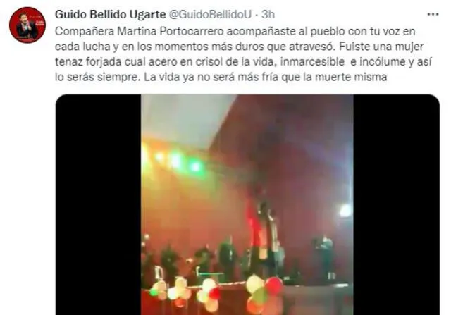 Guido Bellido lamentó fallecimiento de Martina Portocarrero. Foto: Captura Twitter