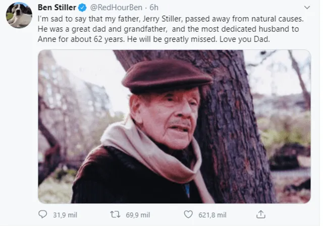 Ben Stiller confirma el fallecimiento su padre Jerry Stiller.