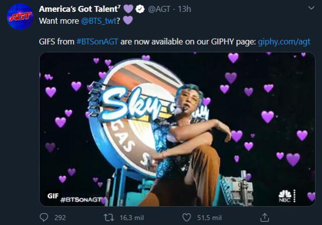 Post de American's got talent en Twitter sobre la presentación de "Dynamite" de BTS. Créditos: @AGT