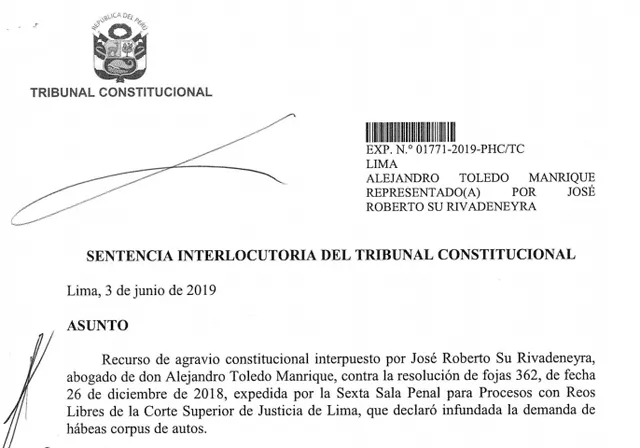 Sentencia Interlocutoria del TC sobre recurso de agravio constitucional de Alejandro Toledo.