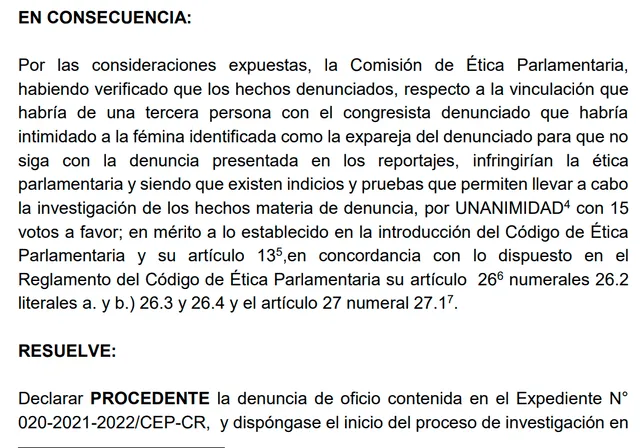 Informe de calificación de la denuncia de oficio contra fujimorista Luis Cordero. Foto: documento