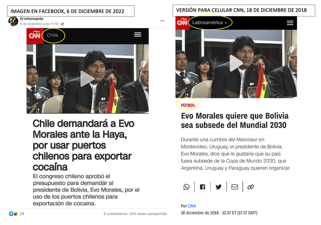 Comparación entre imagen de Facebook y captura de pantalla de la web CNN. Foto: captura LR/Facebook/CNN.