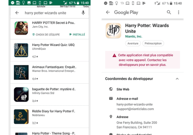 Harry Potter Wizards Unite no compatible