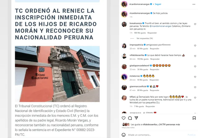 Ricardo Morán recibió las felicitaciones de colegas y seguidores en Instagram. Foto: Instagram / Ricardo Morán 