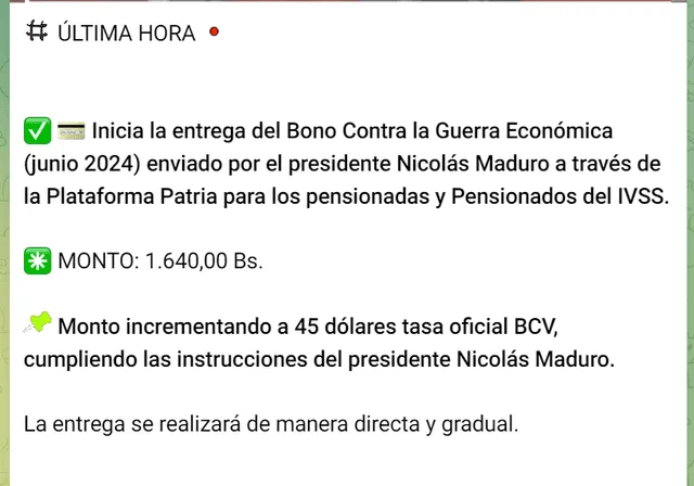 El monto en bolívares del Bono de Guerra para pensionados es de 1.640. Foto: composición LR/Telegram.   