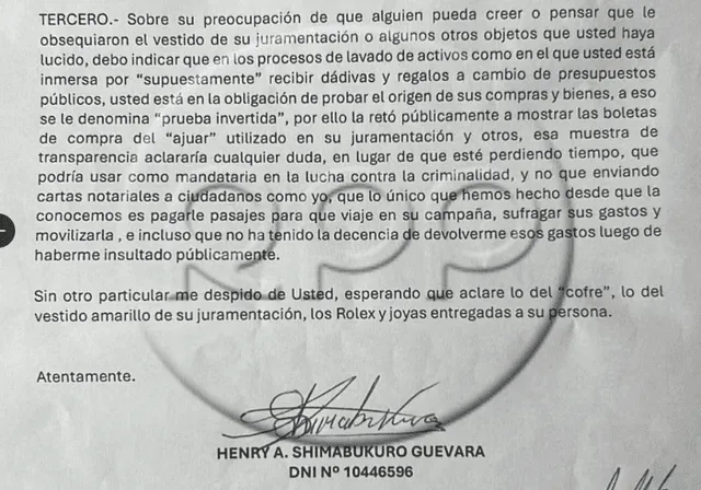  Henry Augusto Shimabukuro Guevara cuestionó las acciones de la presidenta Dina Boluarte con la medida de la carta notarial, considerándola una pérdida de tiempo. Foto: RPP.<br>  