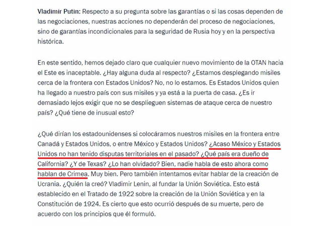 <em>Subrayadas en rojo, las palabras pronunciadas por Putin a lo largo del video viralizado, previa traducción del ruso al español. Foto: Kremlin</em>   