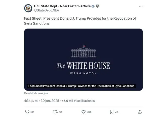 <em>Comunicado del gobierno de Donald Trump sobre el retiro de las sanciones a Siria. Foto: captura de X</em>   
