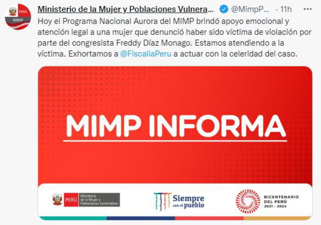Ministero de la Mujer sobre denuncia de violación sexual en contra del congresista Freddy Díaz. Foto: MIMP